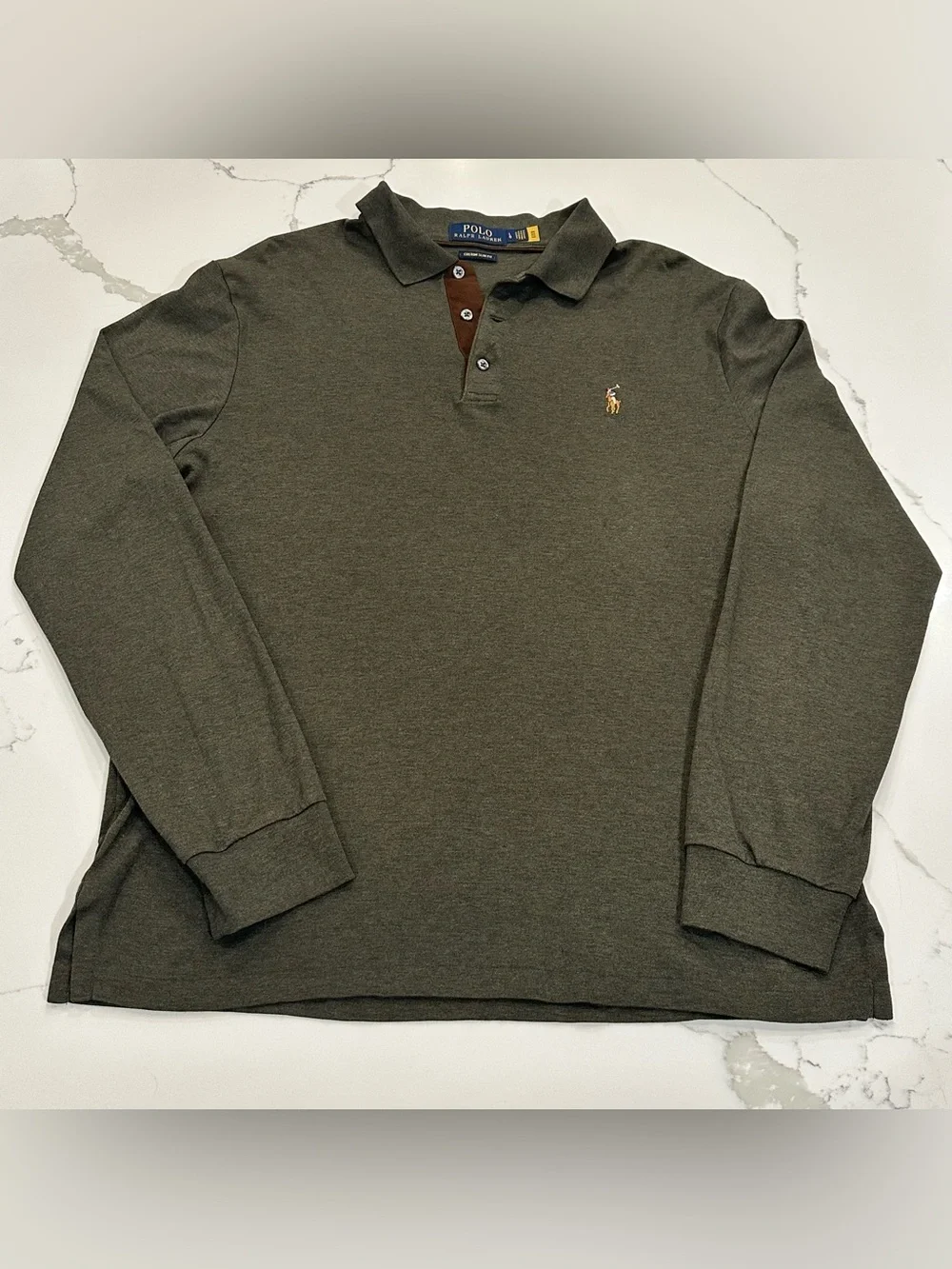 Polo Ralph Lauren Mens Custom Slim Shirt L Green Suede Placket Preppy Old Money